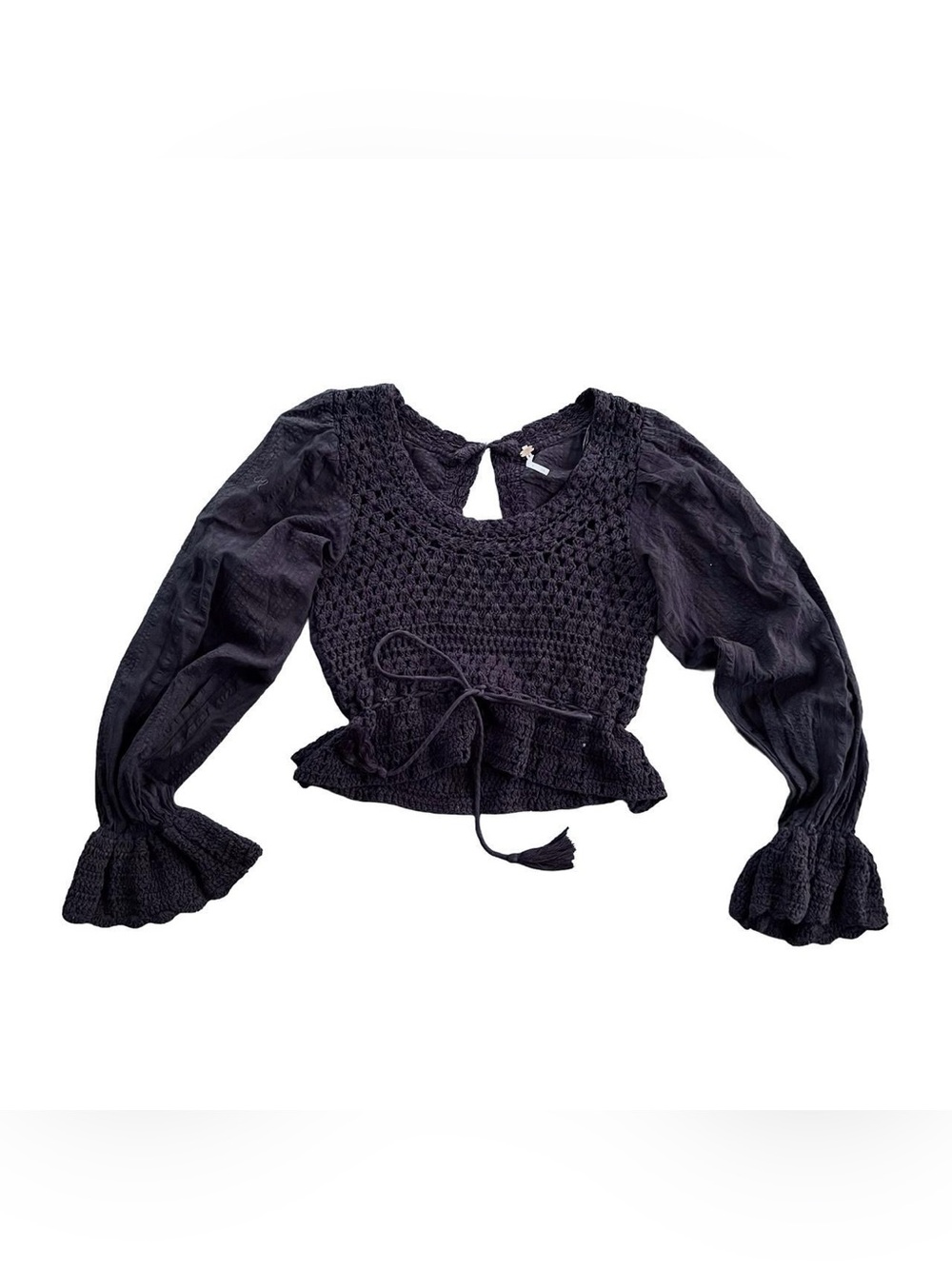 Free People Women Black Puff Sleeve Cowgirl Crochet Crop Open Back Top Size XS